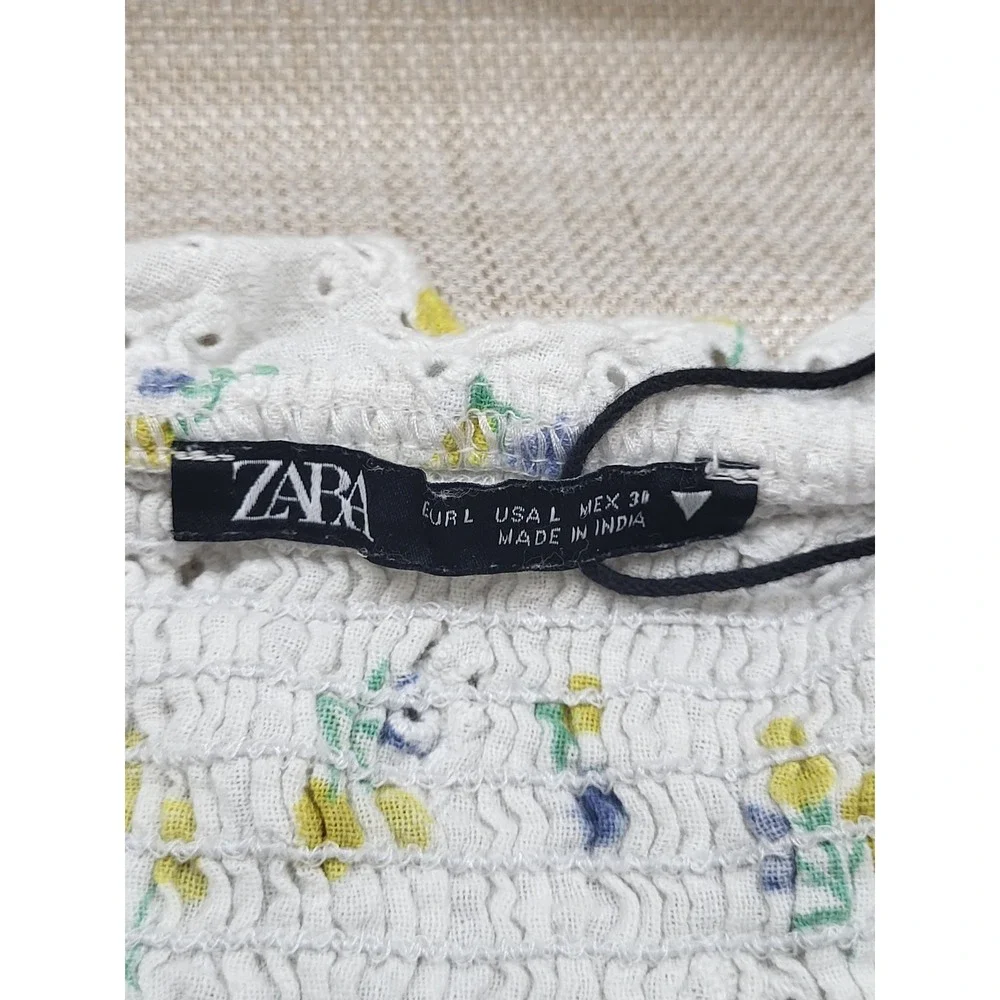 Zara White Yellow Floral Eyelet Smocked Crop Top Blouse Puff Sleeve Large